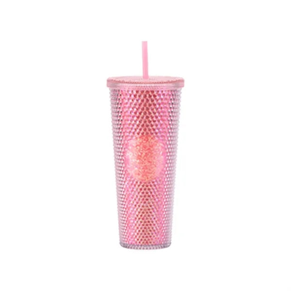 24oz Double Wall Plastic Studded Tumbler With Straw