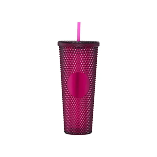 24oz Double Wall Plastic Studded Tumbler With Straw