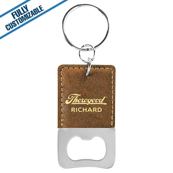 Engraved Leatherette Rectangle Bottle Opener Keychain