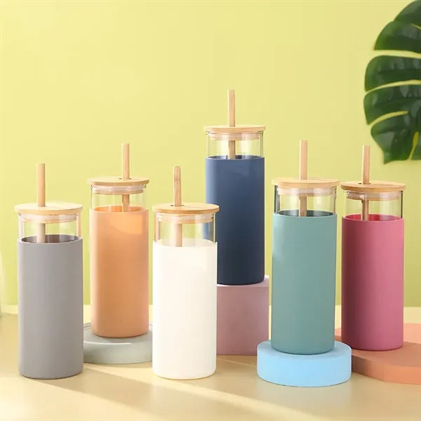 17OZ High Borosilicate Glass Cup With Bamboo Lid And Straw