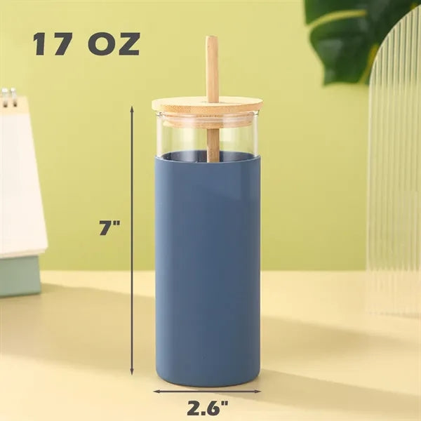17OZ High Borosilicate Glass Cup With Bamboo Lid And Straw