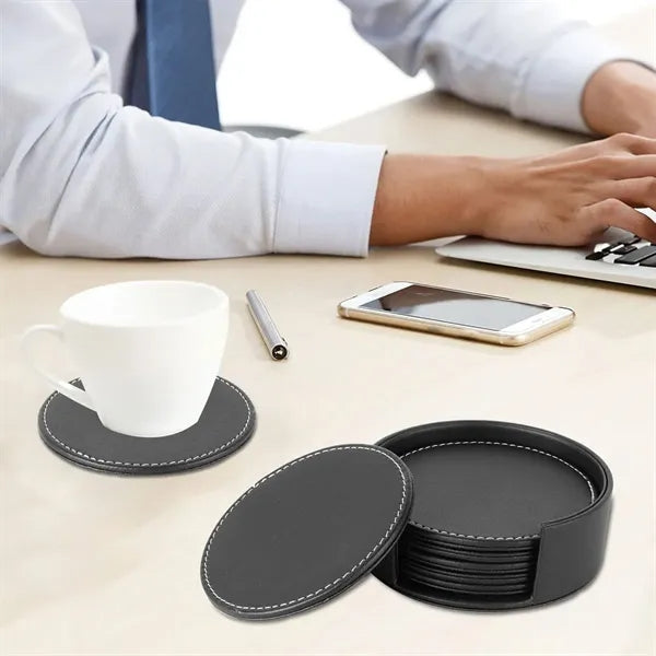 Moisture-Proof Double-Sided Leather Water Round Coaster Set