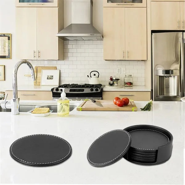 Moisture-Proof Double-Sided Leather Water Round Coaster Set
