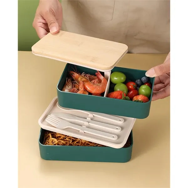 Double Decker Lunch Box with Lid & Utensils