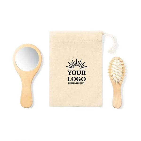 Natural Wood Comb Mirror Set In Cotton Bag