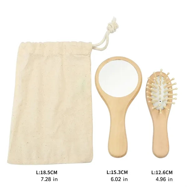 Natural Wood Comb Mirror Set In Cotton Bag