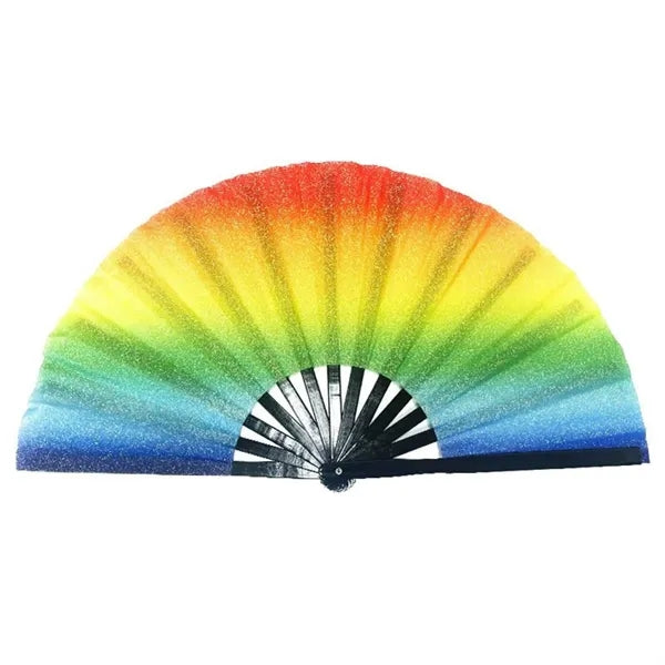 13" Rainbow Bamboo Hand Fan With UV Glow Ink