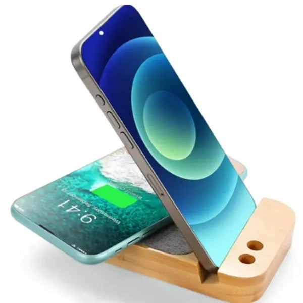 Bamboo Wireless Charging Phone Stand with Pen Holder