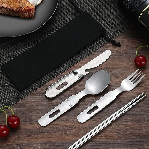 Portable Stainless Steel Camping Cutlery Set with Pouch