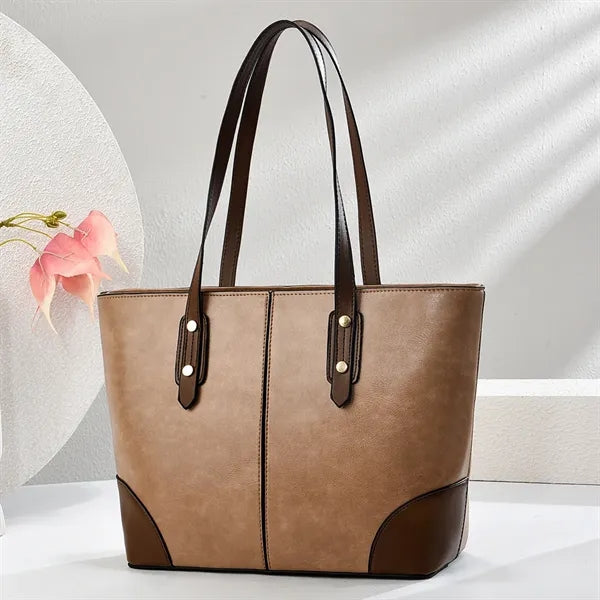 Fashion PU Leather Tote Bag Color - Block, Durable Handles