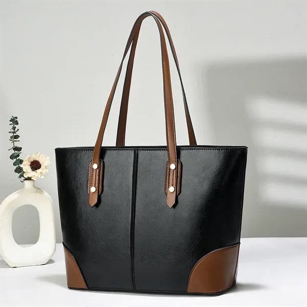 Fashion PU Leather Tote Bag Color - Block, Durable Handles