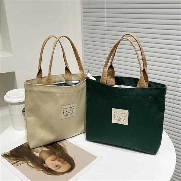 Canvas Tote Bag for Women, Adorable Bear Patch