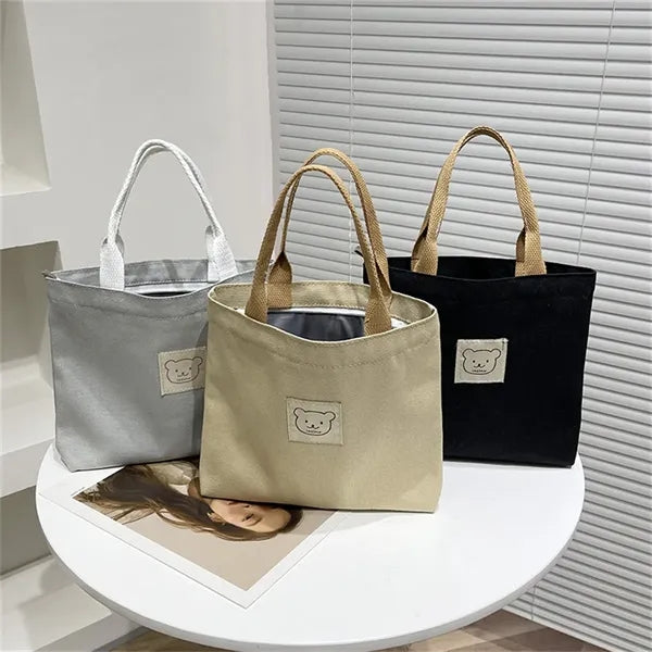 Canvas Tote Bag for Women, Adorable Bear Patch
