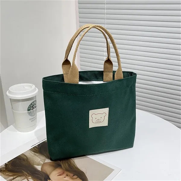 Canvas Tote Bag for Women, Adorable Bear Patch