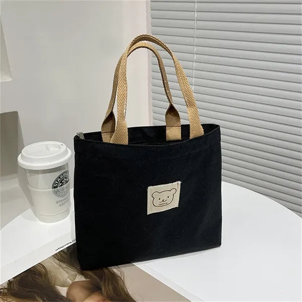 Canvas Tote Bag for Women, Adorable Bear Patch