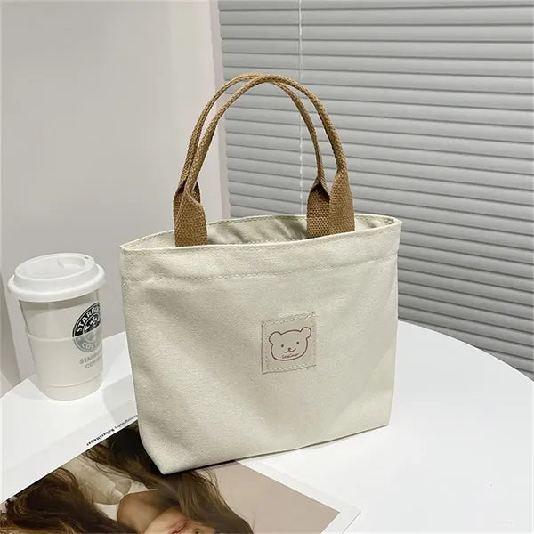Canvas Tote Bag for Women, Adorable Bear Patch