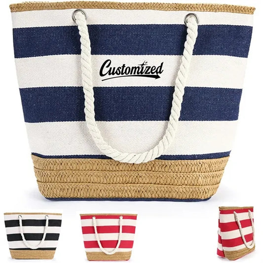 Striped Canvas Jute Beach Tote Bag with Rope Handles