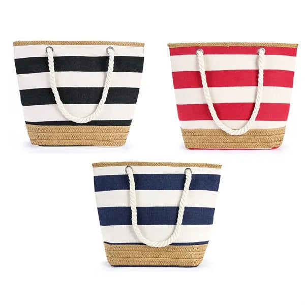 Striped Canvas Jute Beach Tote Bag with Rope Handles