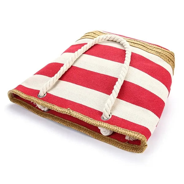 Striped Canvas Jute Beach Tote Bag with Rope Handles