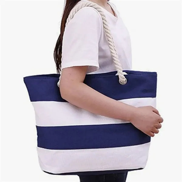 Striped Canvas Beach Tote Bag with Rope Handles