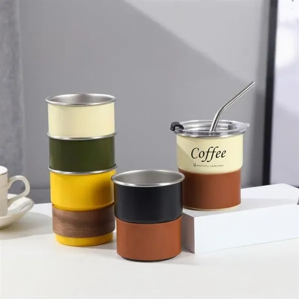 10 oz. stainless steel mug with lid, straw, wooden sleeve