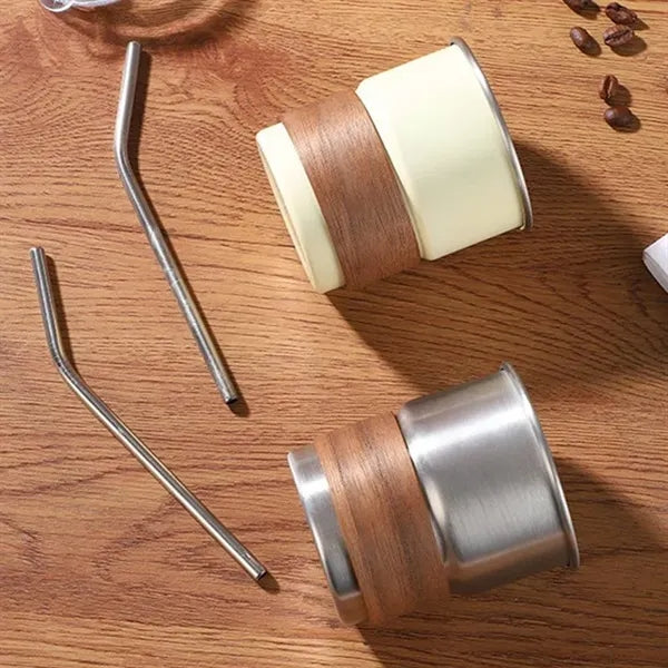 10 oz. stainless steel mug with lid, straw, wooden sleeve