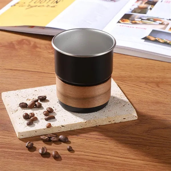 10 oz. stainless steel mug with lid, straw, wooden sleeve