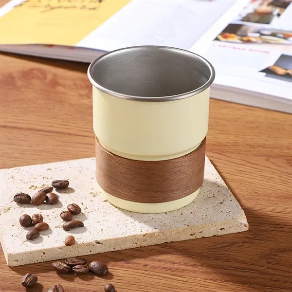 10 oz. stainless steel mug with lid, straw, wooden sleeve
