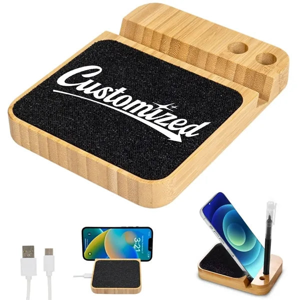 Bamboo Wireless Charger Stand with Pen Holder Mobile