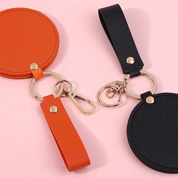 Rotating Round Makeup Pocket Mirror Keychains W/ PU Cover