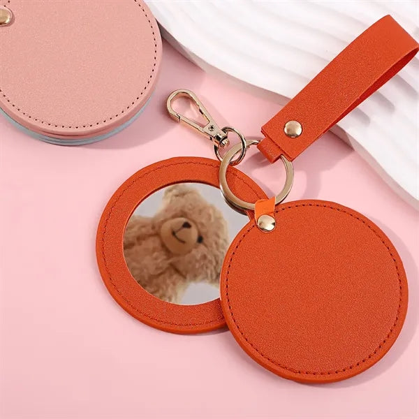 Rotating Round Makeup Pocket Mirror Keychains W/ PU Cover