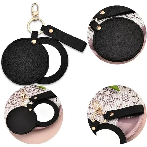 Rotating Round Makeup Pocket Mirror Keychains W/ PU Cover