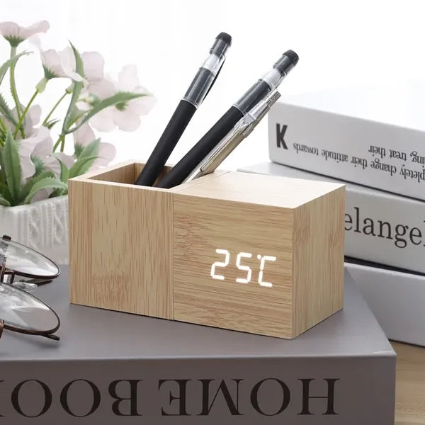 LED Bamboo Wooden Pen Holder Clock