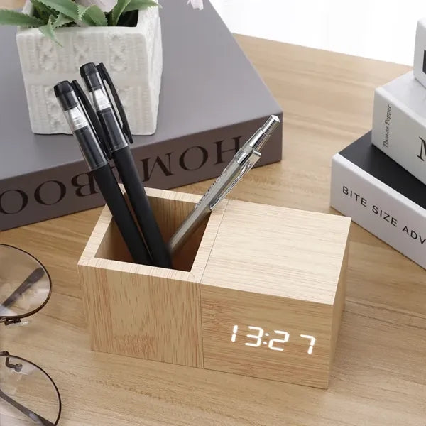 LED Bamboo Wooden Pen Holder Clock
