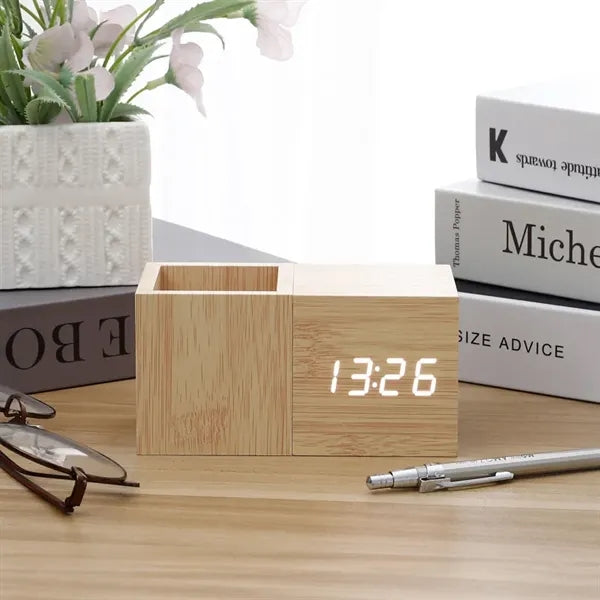LED Bamboo Wooden Pen Holder Clock