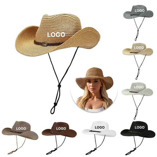 Western Style Wide Brim Straw Sun Hat with Chin Strap