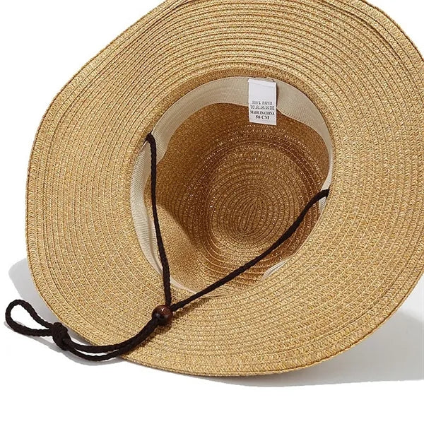 Western Style Wide Brim Straw Sun Hat with Chin Strap