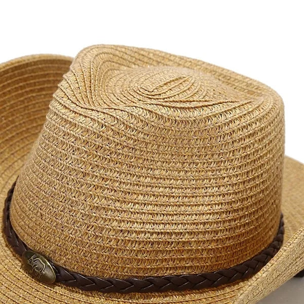 Western Style Wide Brim Straw Sun Hat with Chin Strap