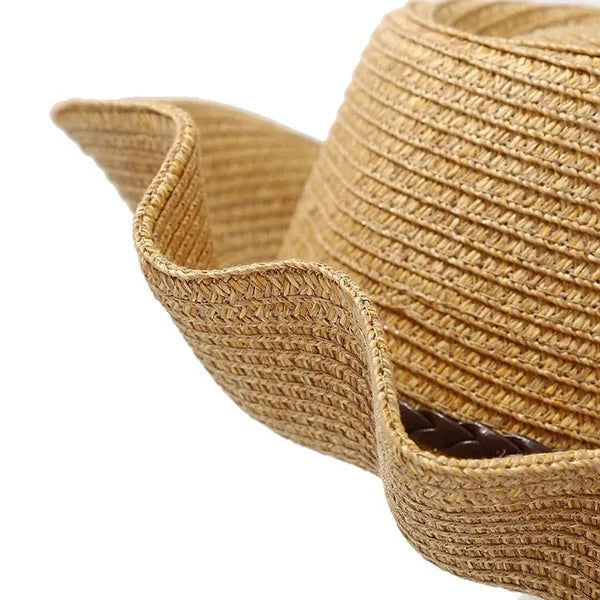 Western Style Wide Brim Straw Sun Hat with Chin Strap