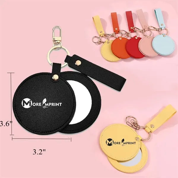 Rotating Round Makeup Pocket Mirror Keychains W/ PU Cover