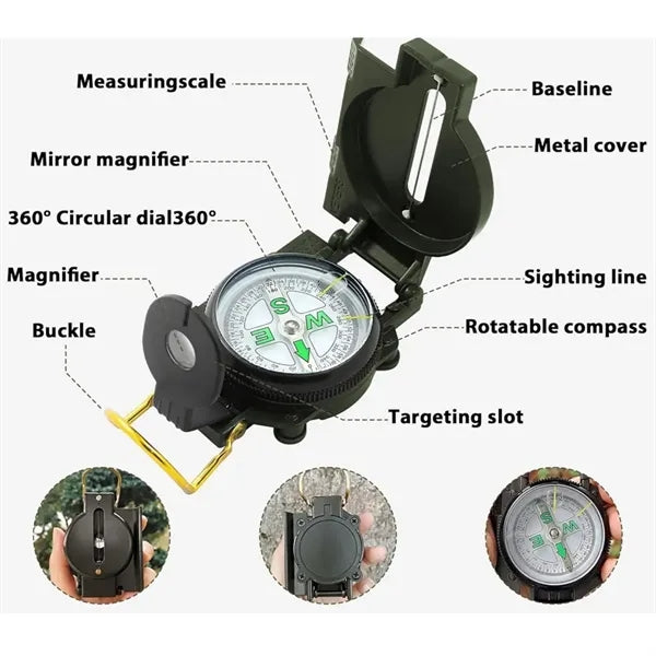 Military Green Survival Compass Tool