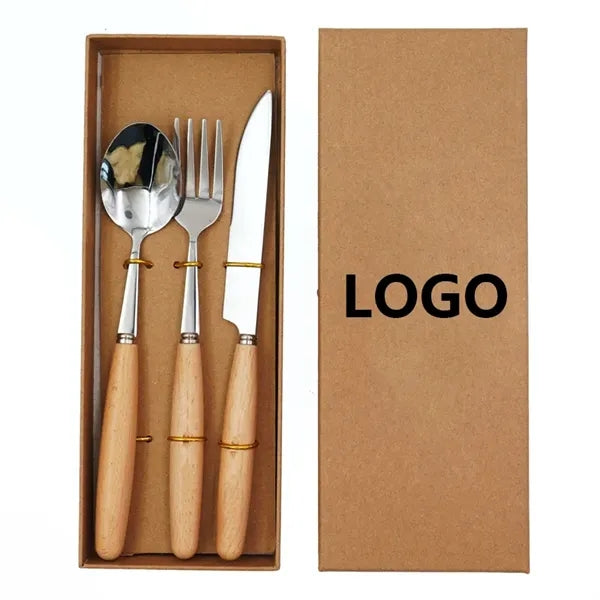 3-Piece Stainless Steel Cutlery Set with Wooden Handles
