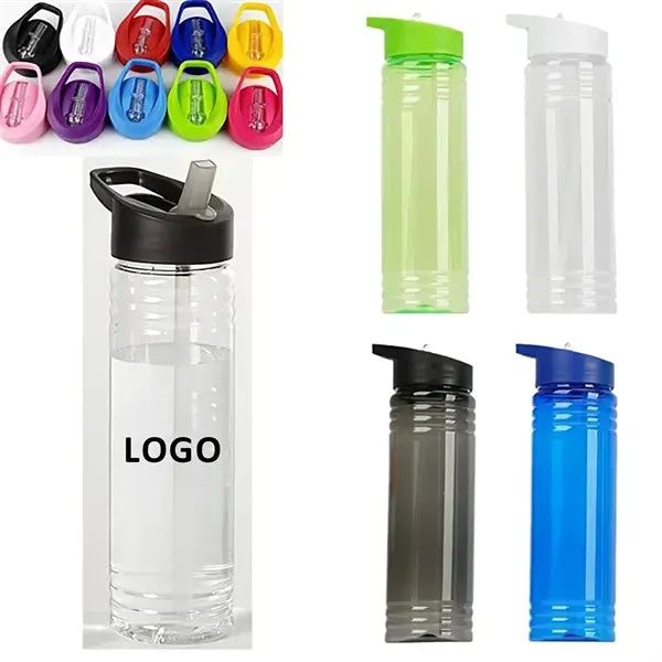 24 Oz Plastic Water Bottle W/ Straw