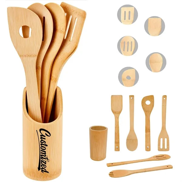 8 Piece Bamboo Cooking Utensil Set with Holder & Tongs