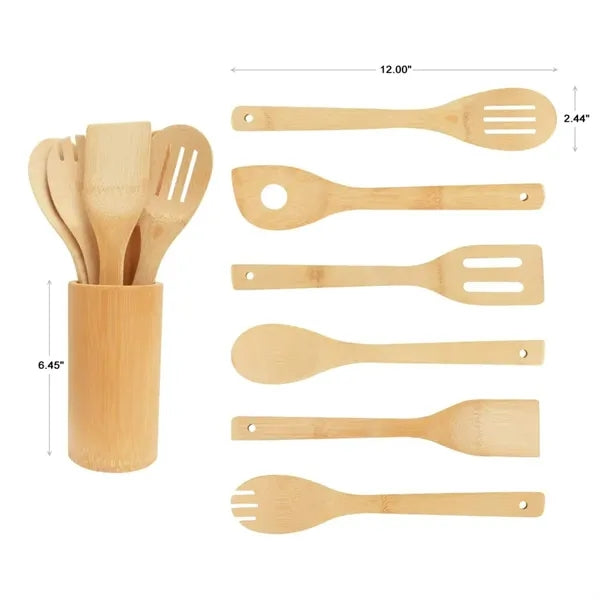 8 Piece Bamboo Cooking Utensil Set with Holder & Tongs