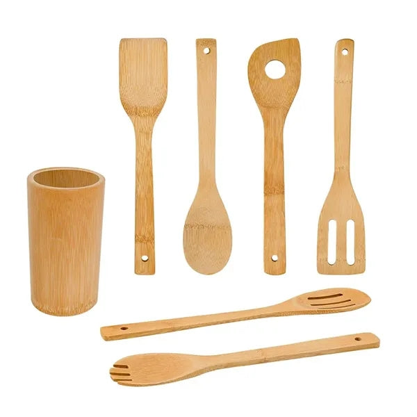 8 Piece Bamboo Cooking Utensil Set with Holder & Tongs
