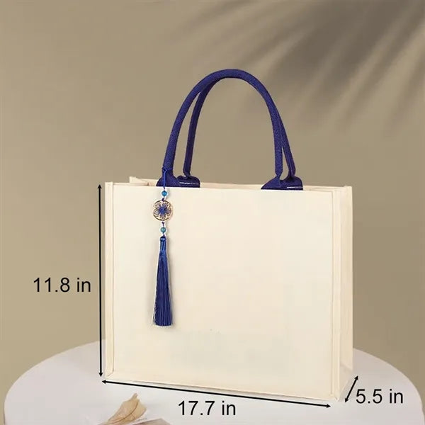 Canvas Tote Bag With Tassels Ribbon