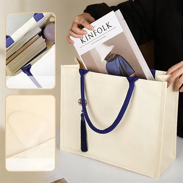 Canvas Tote Bag With Tassels Ribbon