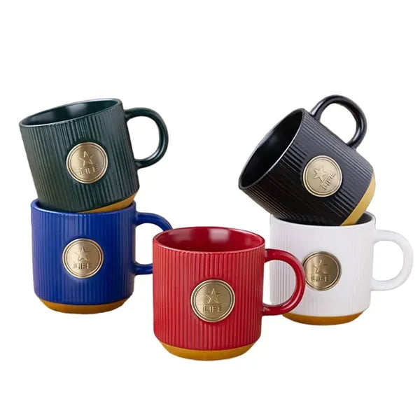 12oz Vintage Ceramic Coffee Mug with Custom Brass Logo Plate