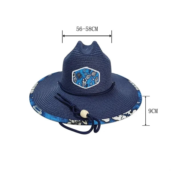 Wide Brim Straw Sun Hat W/ Printed Underbrim and Chin Cord